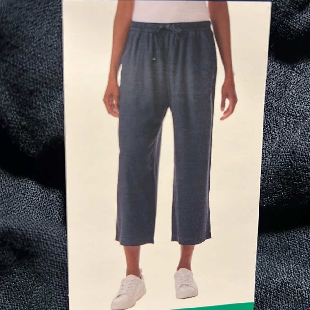 NWT Splendid Women's Navy Wide Leg Crop linen Pants‎ Drawstring Elastic-waist